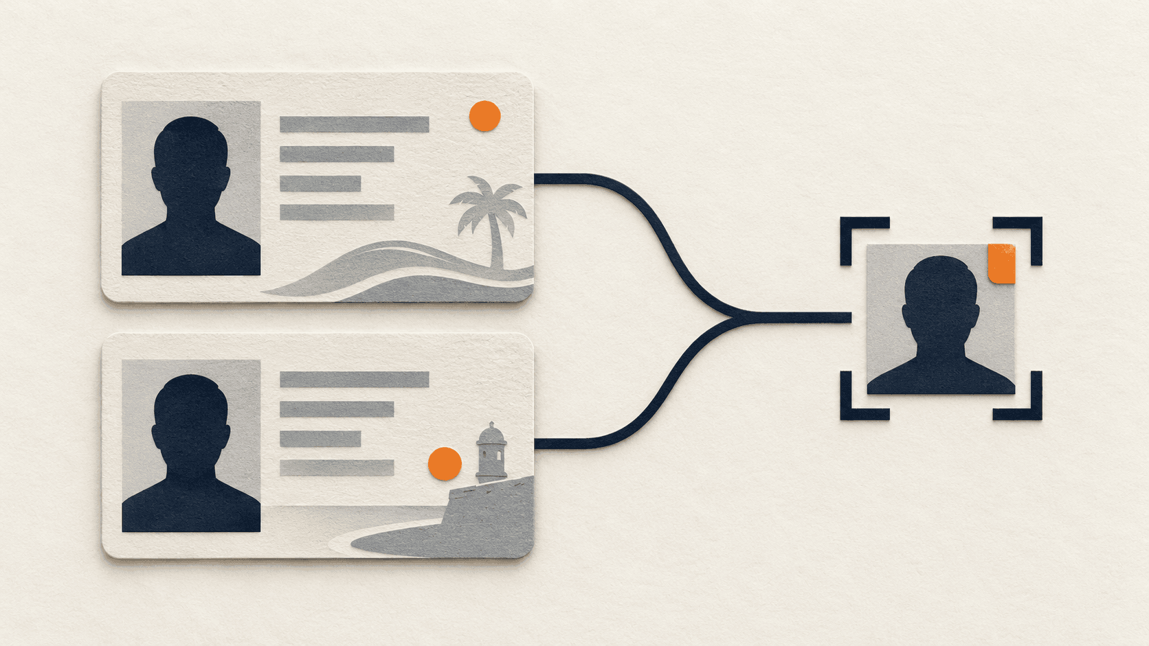 Paper-cut illustration of two abstract identity-card designs converging on one portrait-checking frame. Conceptual artwork, not an official Florida license sample.