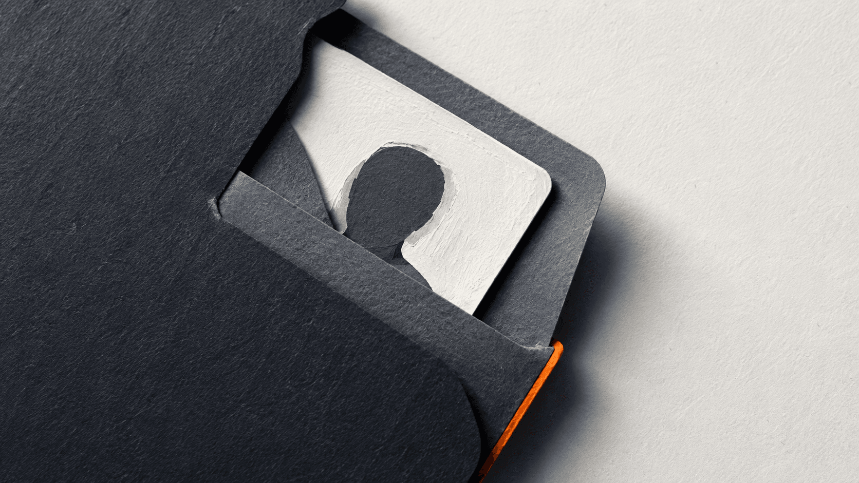 Editorial illustration of an anonymous identity portrait tucked inside overlapping dark paper sleeves, representing layered protection of ID photos.