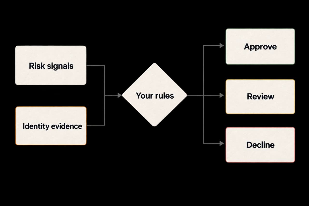 Risk signals and Stile identity evidence feed into your rules, which determine whether to approve, review or decline.