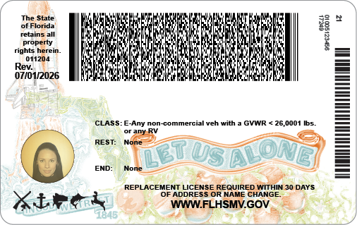 Official FLHSMV sample of the back of the September 2026 Florida driver license.