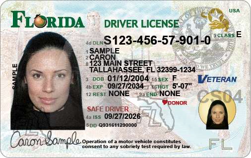 Official FLHSMV sample of the front of the September 2026 Florida driver license, with SAMPLE markings.