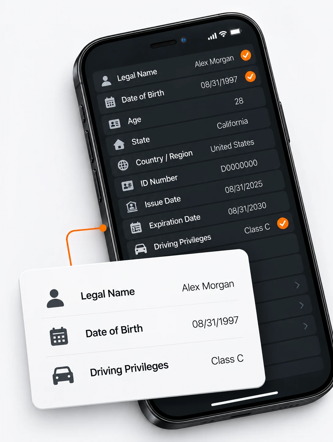 A mobile wallet selectively sharing simulated legal name, date of birth, and driving privileges with a disclosure card.
